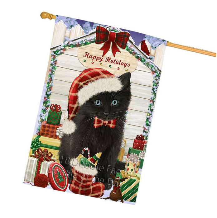Happy Holidays Christmas Black Cat With Presents House Flag FLG52721