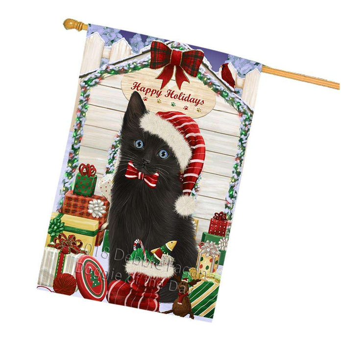 Happy Holidays Christmas Black Cat With Presents House Flag FLG52722