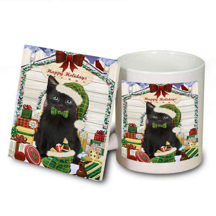 Happy Holidays Christmas Black Cat With Presents Mug and Coaster Set MUC52630