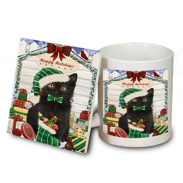 Happy Holidays Christmas Black Cat With Presents Mug and Coaster Set MUC52631