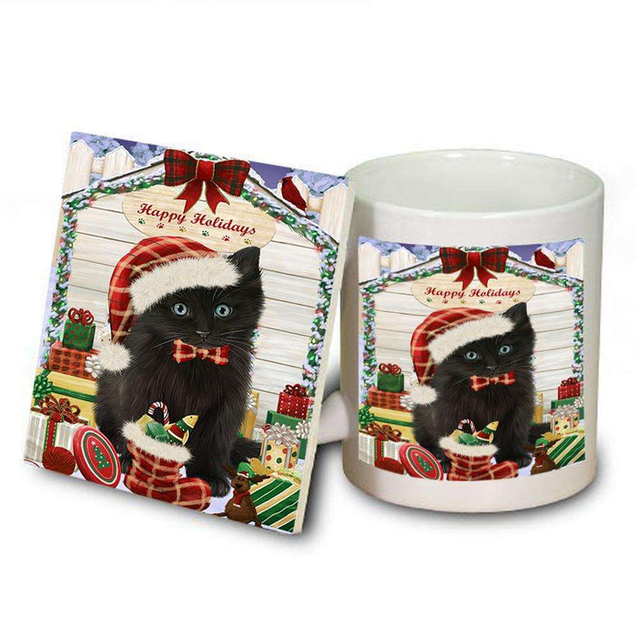 Happy Holidays Christmas Black Cat With Presents Mug and Coaster Set MUC52632