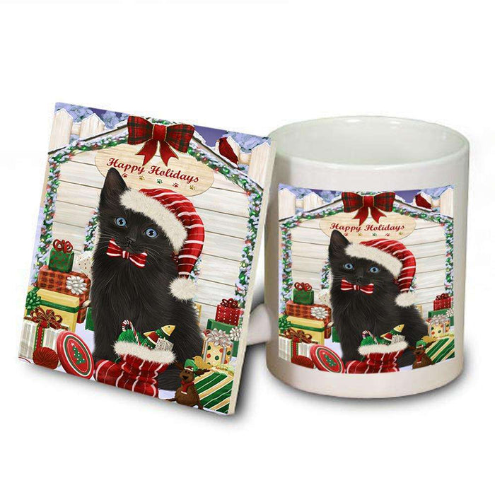 Happy Holidays Christmas Black Cat With Presents Mug and Coaster Set MUC52633