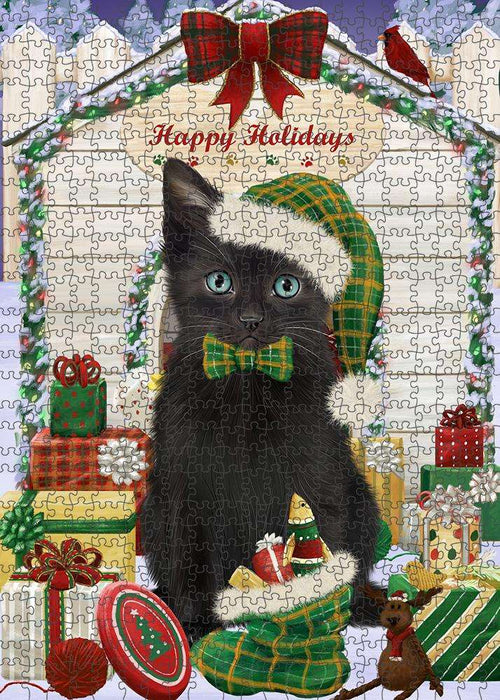 Happy Holidays Christmas Black Cat With Presents Puzzle with Photo Tin PUZL61845