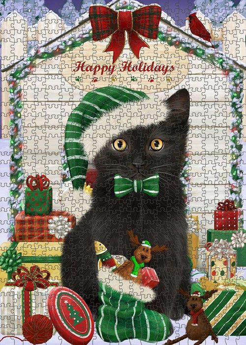Happy Holidays Christmas Black Cat With Presents Puzzle with Photo Tin PUZL61848