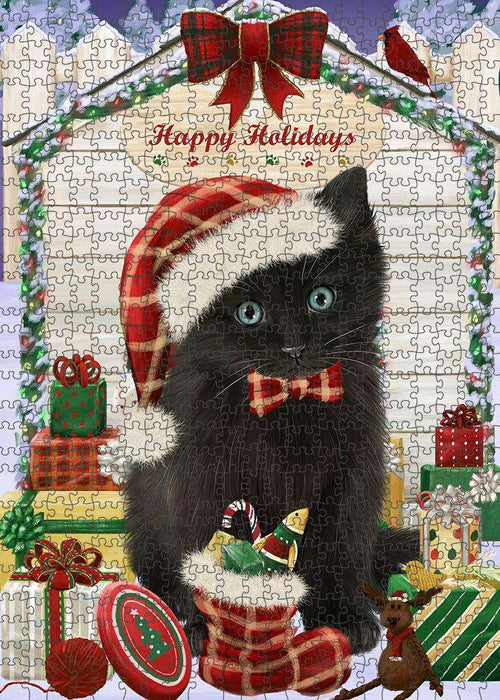 Happy Holidays Christmas Black Cat With Presents Puzzle with Photo Tin PUZL61851