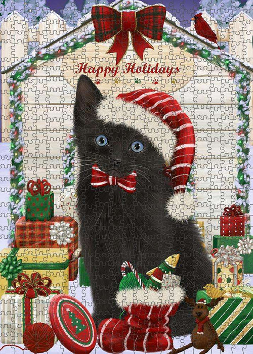 Happy Holidays Christmas Black Cat With Presents Puzzle with Photo Tin PUZL61854