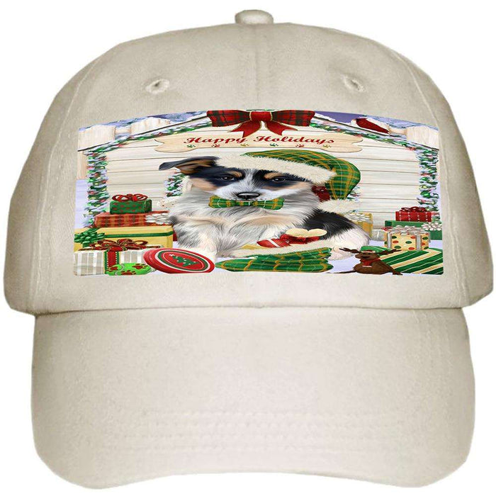 Happy Holidays Christmas Blue Heeler Dog With Presents Ball Hat Cap HAT61662