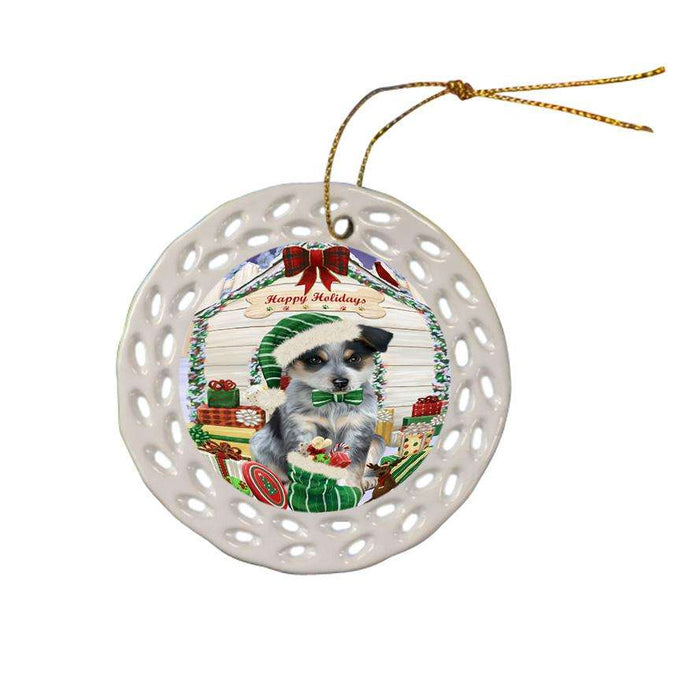 Happy Holidays Christmas Blue Heeler Dog With Presents Ceramic Doily Ornament DPOR52642