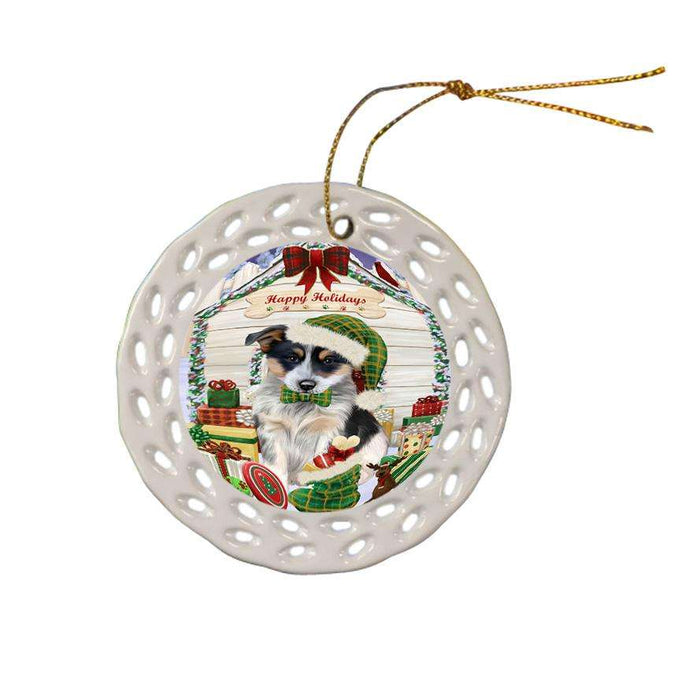 Happy Holidays Christmas Blue Heeler Dog With Presents Ceramic Doily Ornament DPOR52643