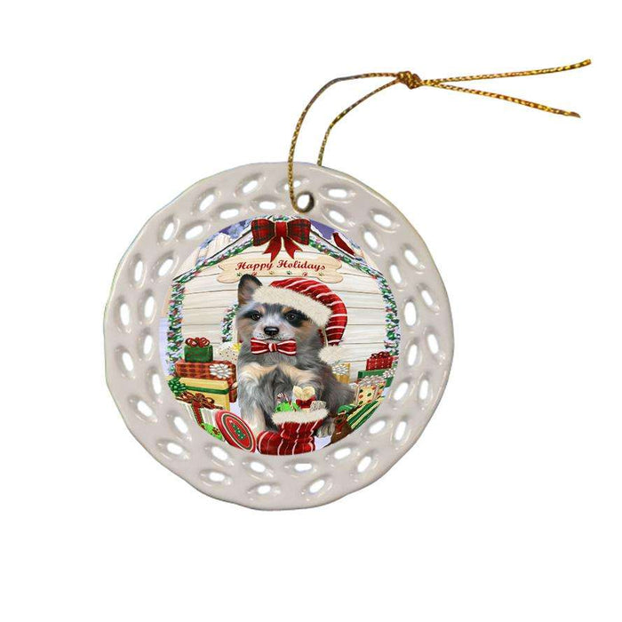 Happy Holidays Christmas Blue Heeler Dog With Presents Ceramic Doily Ornament DPOR52644