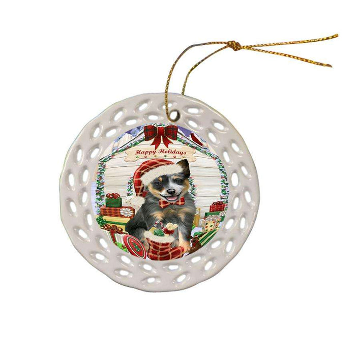 Happy Holidays Christmas Blue Heeler Dog With Presents Ceramic Doily Ornament DPOR52645