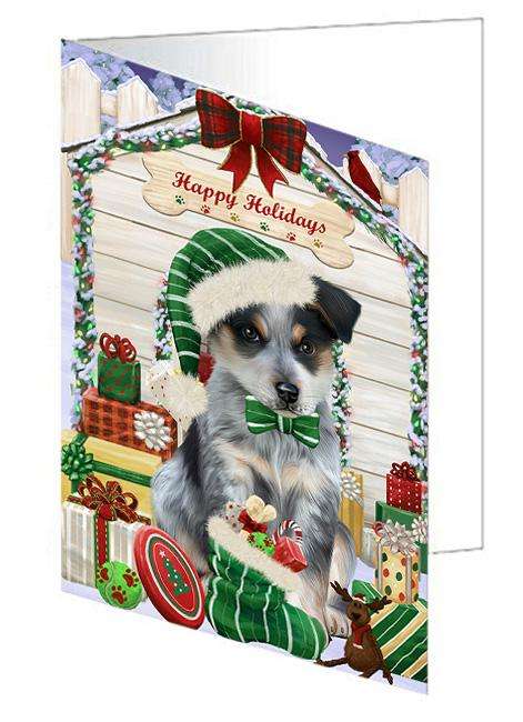 Happy Holidays Christmas Blue Heeler Dog With Presents Handmade Artwork Assorted Pets Greeting Cards and Note Cards with Envelopes for All Occasions and Holiday Seasons GCD61955