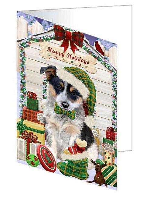 Happy Holidays Christmas Blue Heeler Dog With Presents Handmade Artwork Assorted Pets Greeting Cards and Note Cards with Envelopes for All Occasions and Holiday Seasons GCD61958