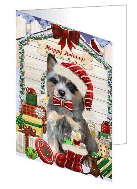 Happy Holidays Christmas Blue Heeler Dog With Presents Handmade Artwork Assorted Pets Greeting Cards and Note Cards with Envelopes for All Occasions and Holiday Seasons GCD61961