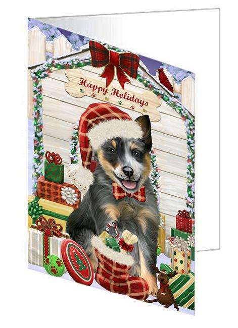 Happy Holidays Christmas Blue Heeler Dog With Presents Handmade Artwork Assorted Pets Greeting Cards and Note Cards with Envelopes for All Occasions and Holiday Seasons GCD61964