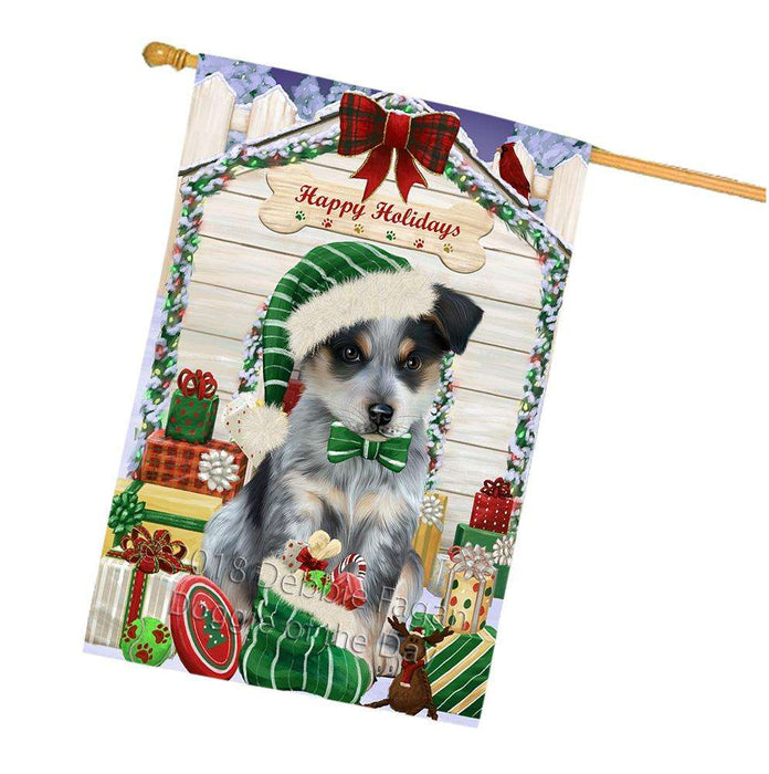 Happy Holidays Christmas Blue Heeler Dog With Presents House Flag FLG52723