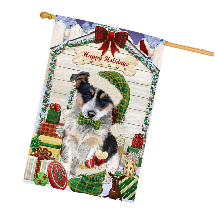 Happy Holidays Christmas Blue Heeler Dog With Presents House Flag FLG52724