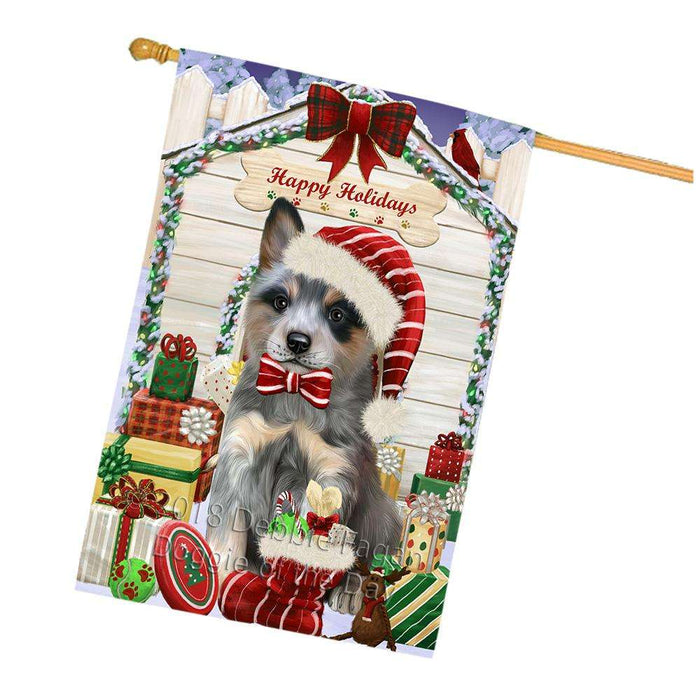 Happy Holidays Christmas Blue Heeler Dog With Presents House Flag FLG52725