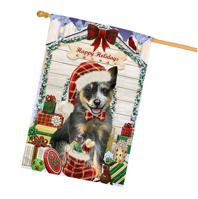 Happy Holidays Christmas Blue Heeler Dog With Presents House Flag FLG52726