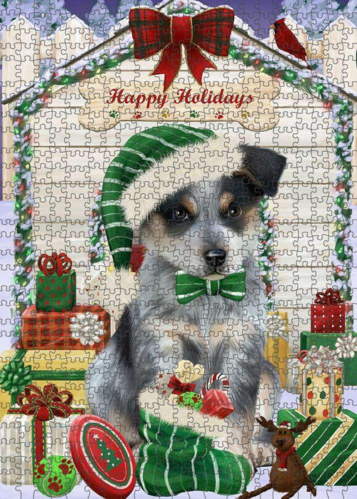 Happy Holidays Christmas Blue Heeler Dog With Presents Puzzle with Photo Tin PUZL61857