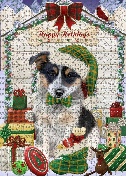 Happy Holidays Christmas Blue Heeler Dog With Presents Puzzle with Photo Tin PUZL61860