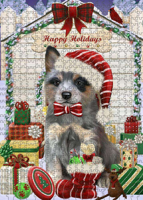 Happy Holidays Christmas Blue Heeler Dog With Presents Puzzle with Photo Tin PUZL61863