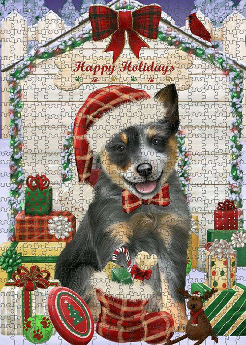 Happy Holidays Christmas Blue Heeler Dog With Presents Puzzle with Photo Tin PUZL61866