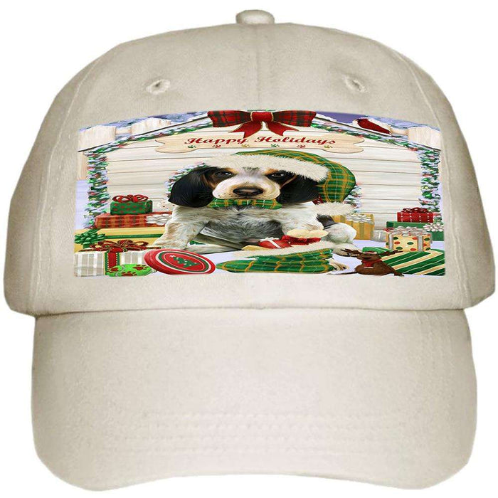 Happy Holidays Christmas Bluetick Coonhound Dog House with Presents Ball Hat Cap HAT57765