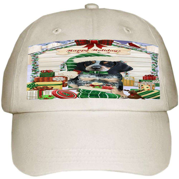 Happy Holidays Christmas Bluetick Coonhound Dog House with Presents Ball Hat Cap HAT57768