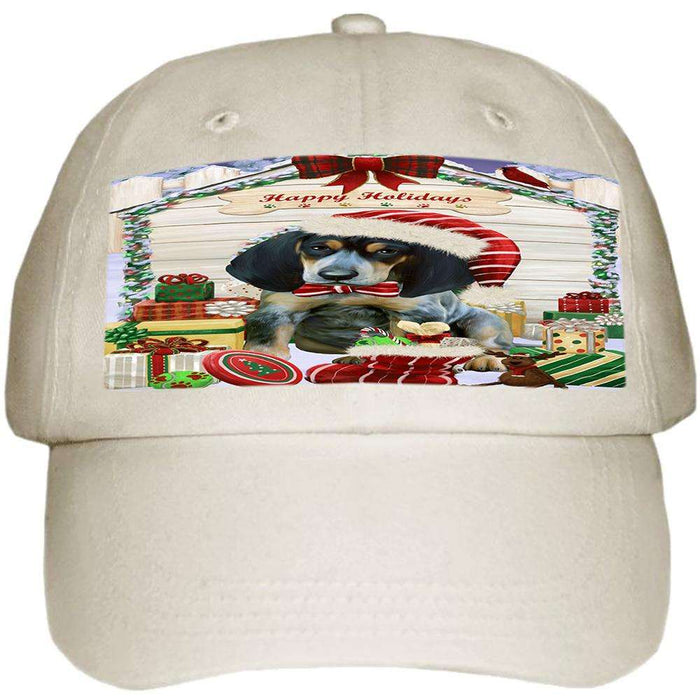 Happy Holidays Christmas Bluetick Coonhound Dog House with Presents Ball Hat Cap HAT57774