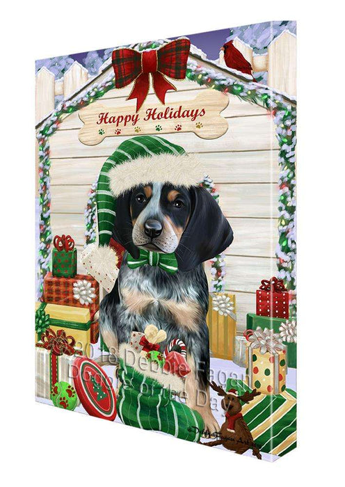 Happy Holidays Christmas Bluetick Coonhound Dog House with Presents Canvas Print Wall Art Décor CVS78695