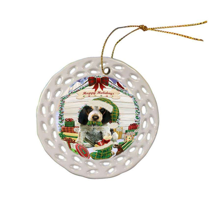 Happy Holidays Christmas Bluetick Coonhound Dog House with Presents Ceramic Doily Ornament DPOR51344