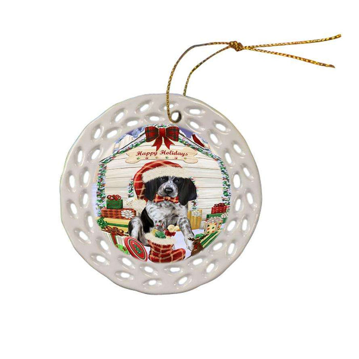 Happy Holidays Christmas Bluetick Coonhound Dog House with Presents Ceramic Doily Ornament DPOR51346