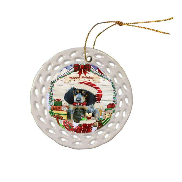 Happy Holidays Christmas Bluetick Coonhound Dog House with Presents Ceramic Doily Ornament DPOR51347