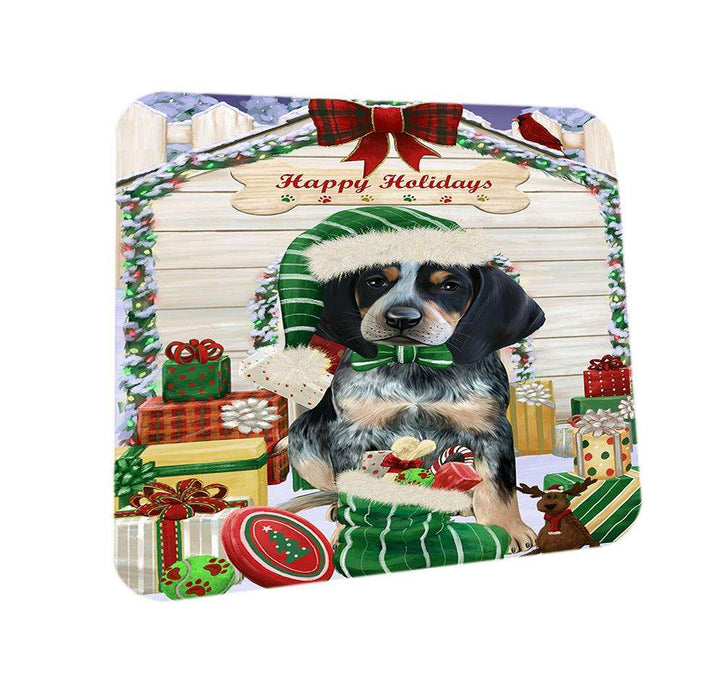 Happy Holidays Christmas Bluetick Coonhound Dog House with Presents Coasters Set of 4 CST51304