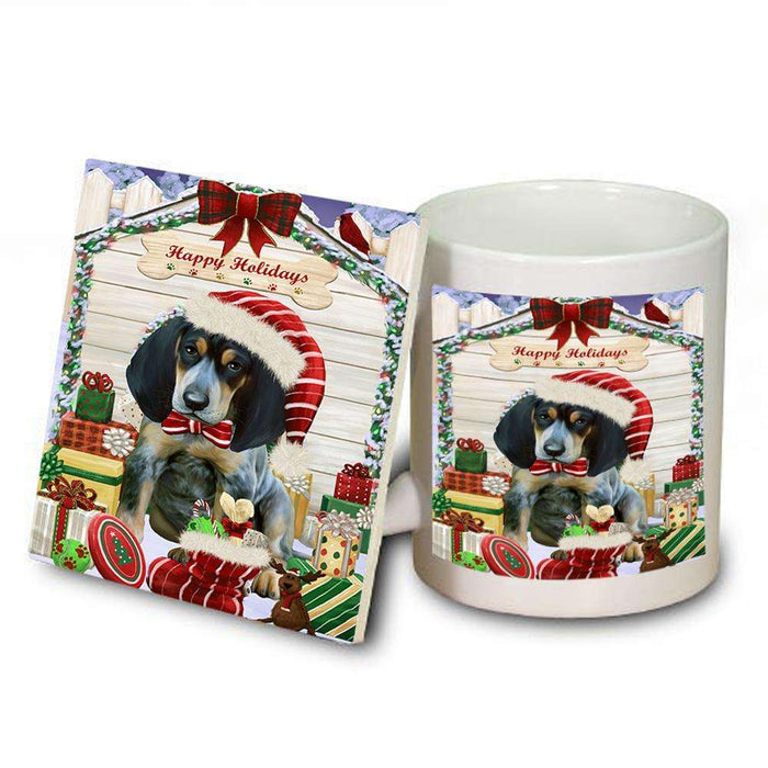 Happy Holidays Christmas Bluetick Coonhound Dog House with Presents Mug and Coaster Set MUC51339