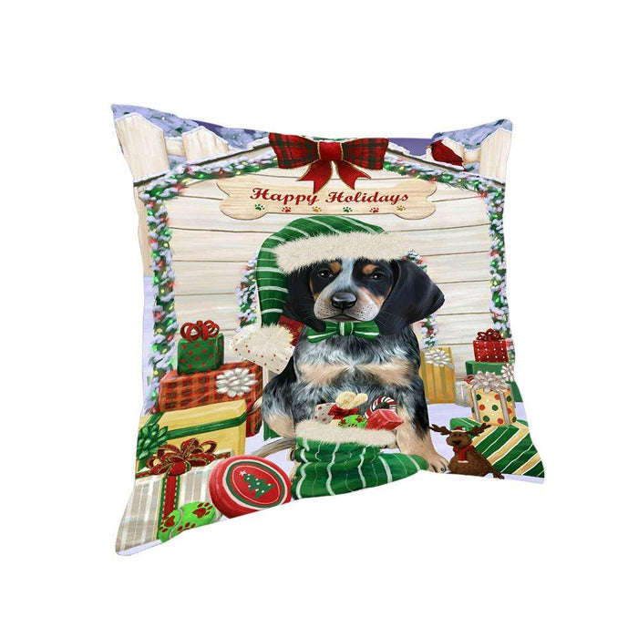 Happy Holidays Christmas Bluetick Coonhound Dog House with Presents Pillow PIL61444
