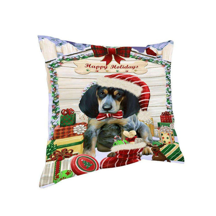 Happy Holidays Christmas Bluetick Coonhound Dog House with Presents Pillow PIL61452