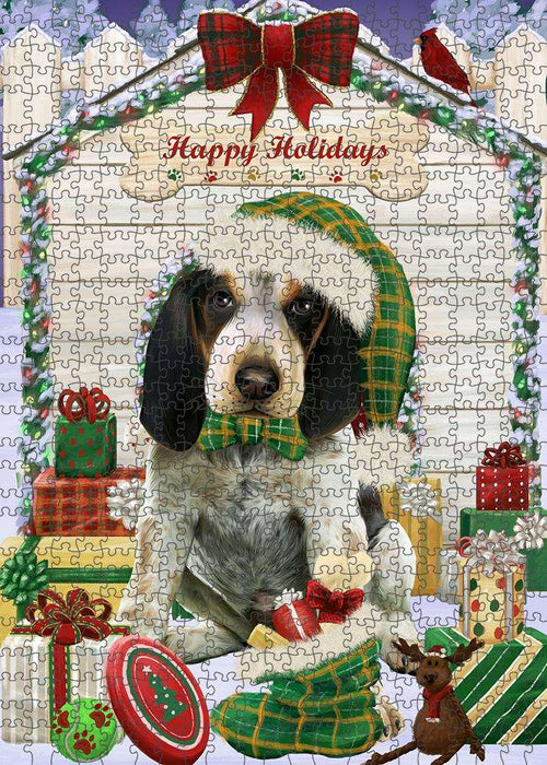 Happy Holidays Christmas Bluetick Coonhound Dog House with Presents Puzzle with Photo Tin PUZL57894