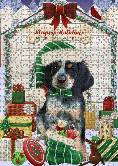 Happy Holidays Christmas Bluetick Coonhound Dog House with Presents Puzzle with Photo Tin PUZL57897