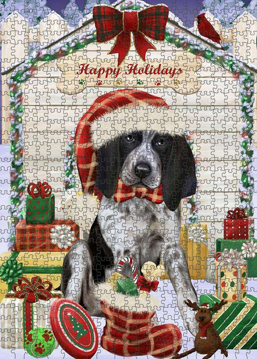 Happy Holidays Christmas Bluetick Coonhound Dog House with Presents Puzzle with Photo Tin PUZL57900