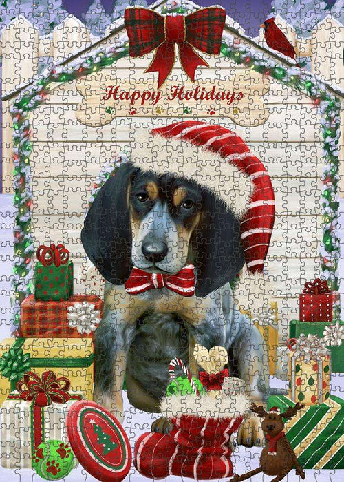 Happy Holidays Christmas Bluetick Coonhound Dog House with Presents Puzzle with Photo Tin PUZL57903