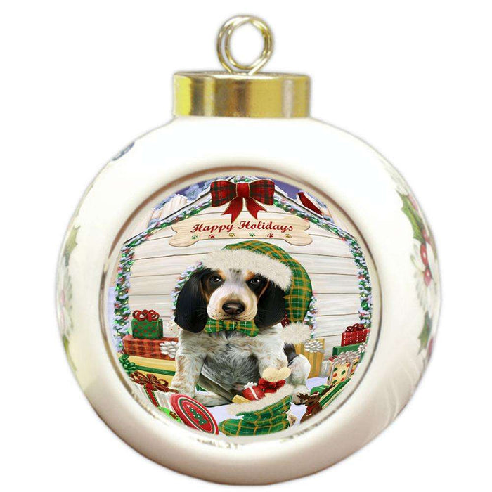Happy Holidays Christmas Bluetick Coonhound Dog House with Presents Round Ball Christmas Ornament RBPOR51344