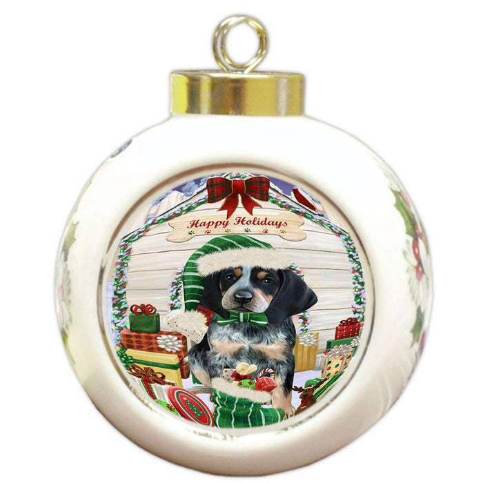 Happy Holidays Christmas Bluetick Coonhound Dog House with Presents Round Ball Christmas Ornament RBPOR51345