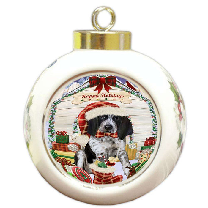 Happy Holidays Christmas Bluetick Coonhound Dog House with Presents Round Ball Christmas Ornament RBPOR51346