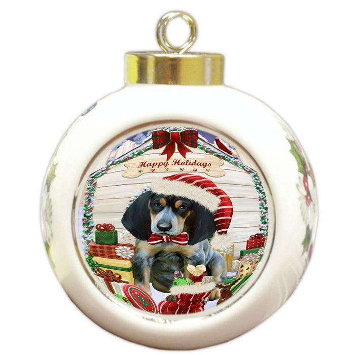 Happy Holidays Christmas Bluetick Coonhound Dog House with Presents Round Ball Christmas Ornament RBPOR51347