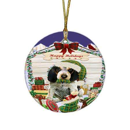 Happy Holidays Christmas Bluetick Coonhound Dog House with Presents Round Flat Christmas Ornament RFPOR51335