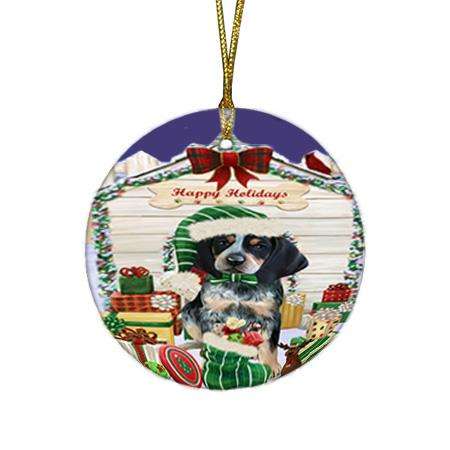 Happy Holidays Christmas Bluetick Coonhound Dog House with Presents Round Flat Christmas Ornament RFPOR51336