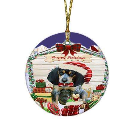 Happy Holidays Christmas Bluetick Coonhound Dog House with Presents Round Flat Christmas Ornament RFPOR51338