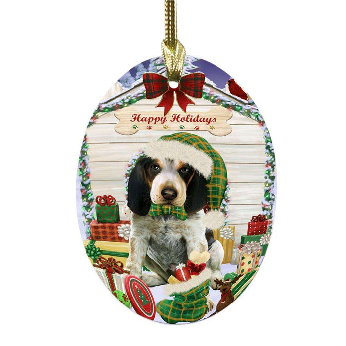 Happy Holidays Christmas Bluetick Coonhound House With Presents Oval Glass Christmas Ornament OGOR49794